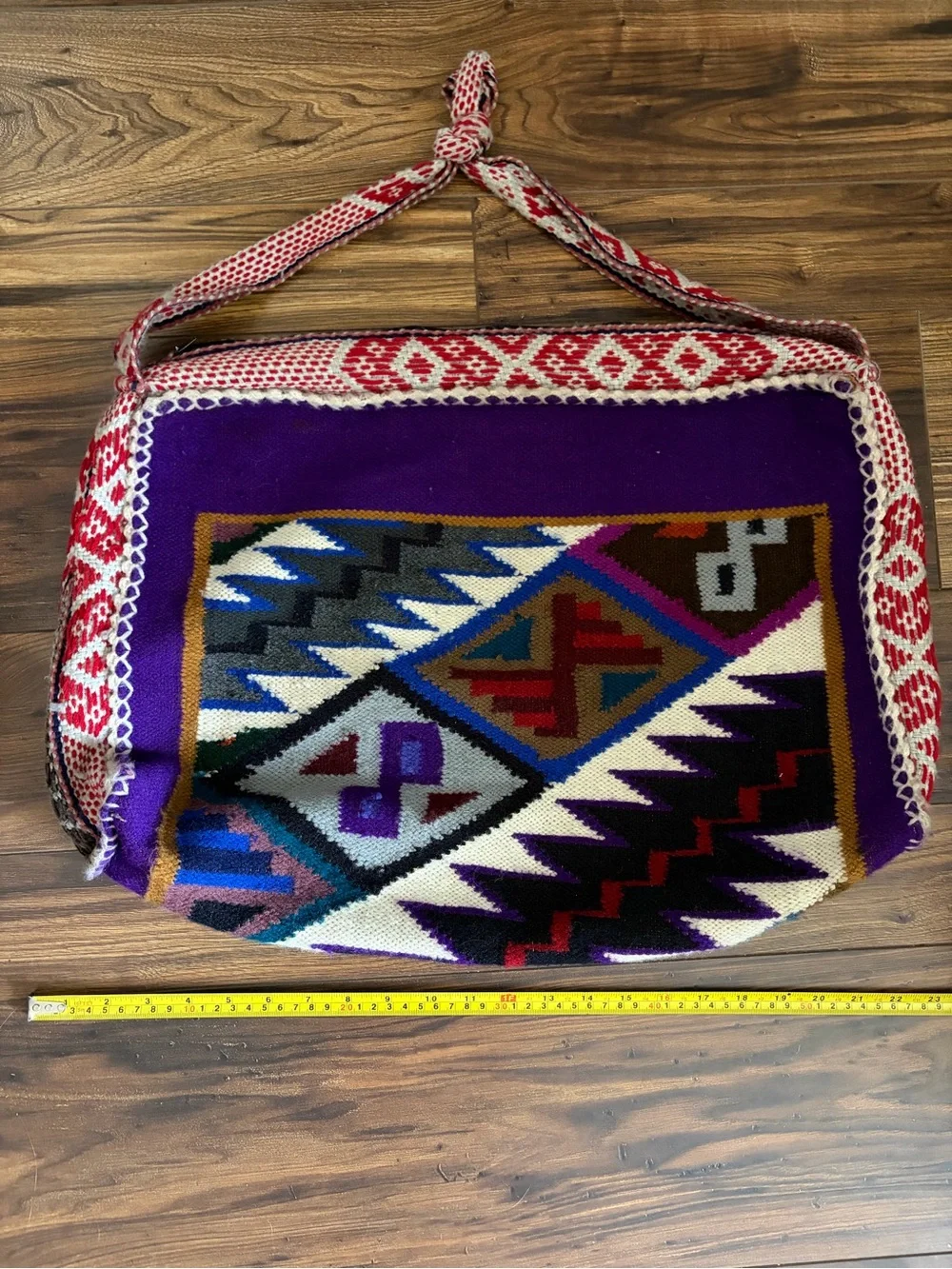 Handwoven Purple Aztec Tote Bag with Red Accent Strap